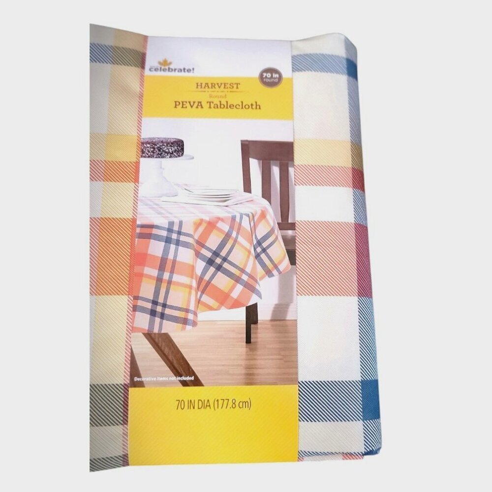 Harvest Peva Round Plaid Red, Gold, Gray Tablecloth‎ 70 inches - NWT